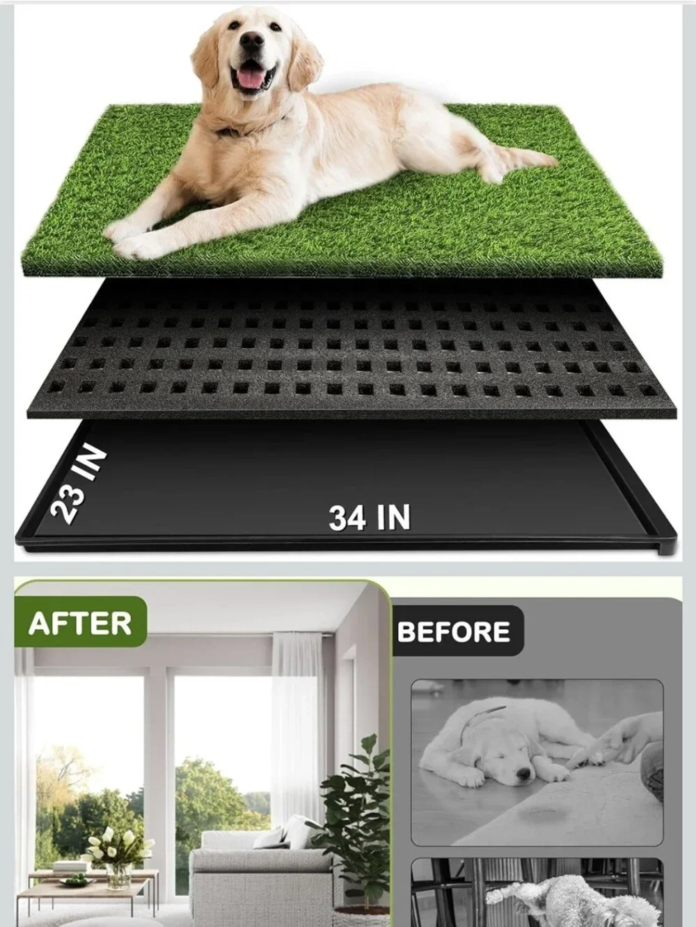 Dog Grass Pad with Tray, 34''X23'' Large Artificial Turf Grass Potty, Reusable
